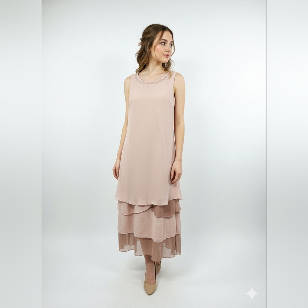 K. Jordan Pink Chiffon Satin Sleeveless Shift Dress Coquette Midi 14